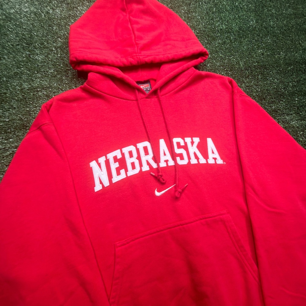 Vintage Nike Team Nebraska Hoodie Red Swoosh Pullover Mens Medium M Cornhuskers
